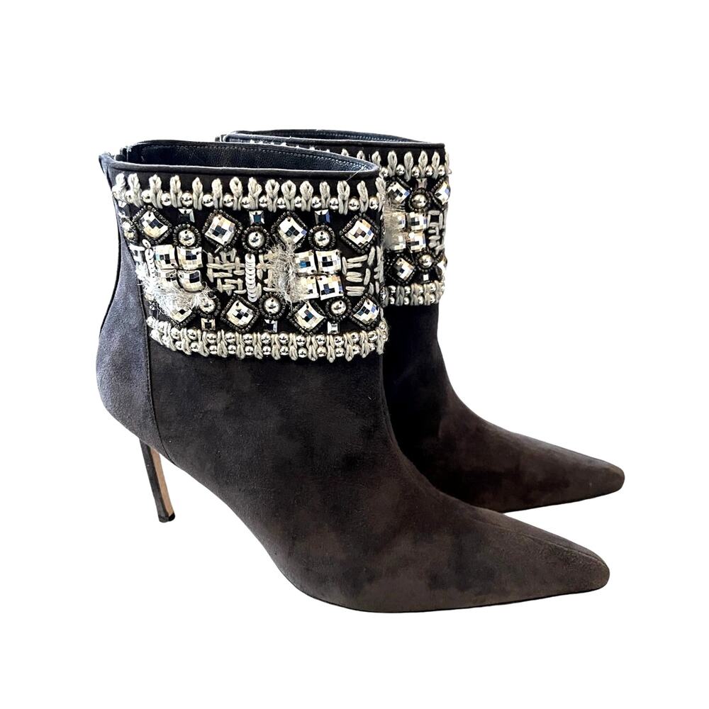 Manolo Blahnik 10 Beaded Crystal Suede Ankle Boots $1100 Western Gray 40.5